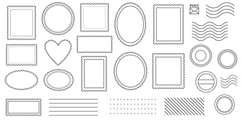 Postage stamps clip art frames, post office vector elements, minimalist elegant postmark set © Kati Moth