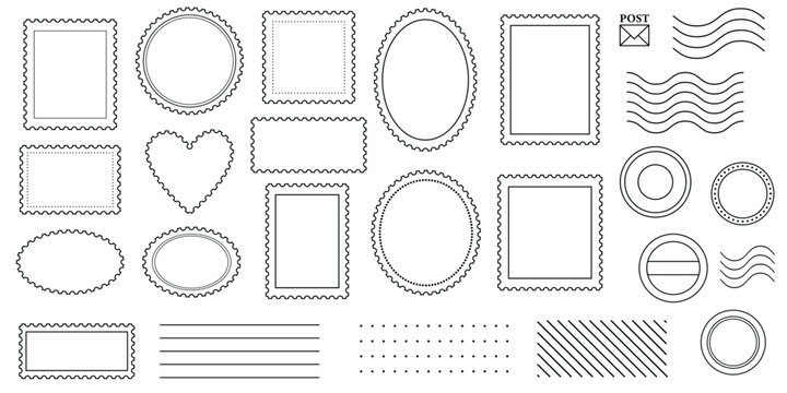 Postage stamps clip art frames, post office vector elements, minimalist elegant postmark set