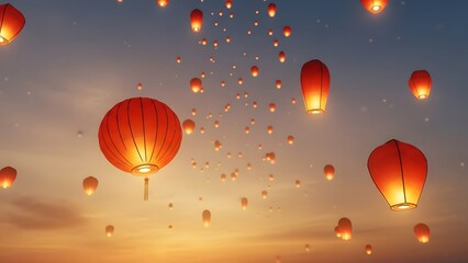 Many glowing red lanterns flying high in the evening sky with sunset