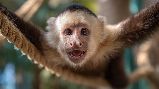 A mischievous capuchin monkey swinging acrobatically between branches grinning widely exotic pet