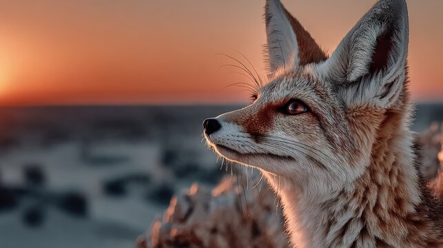 A curious fennec fox exploring a desert landscape at sunset sand dunes in the background exotic pet