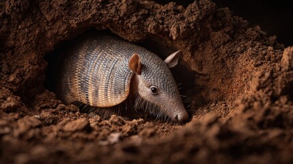 Obraz premium A shy armadillo burrowing quietly beneath soil shell gleaming faintly exotic pet