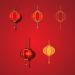 Chinese New Year background with hanging paper lanterns. Vector illustration.