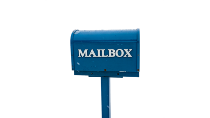 Bright blue mailbox standing alone  isolated on transparent background cut out