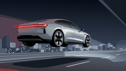 Futuristic Electric Car Hovering Above Smart City at Night Autonomous Mobility Concept Vector Illustration