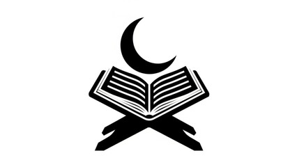 Obraz premium A black and white illustration of an open book with a crescent moon above it on a white background symbolizing knowledge and spirituality in a simple yet powerful design