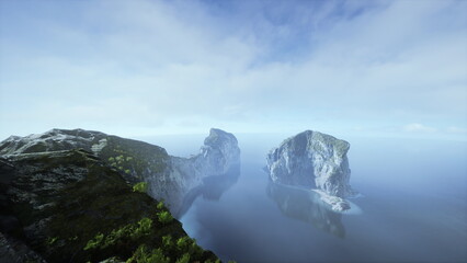 Serene view of rocky islands emerging from calm waters, surrounded by lush greenery and distant...