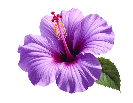 hibiscus purple flower cutout and grean leaf cut out, isolated on transparent background