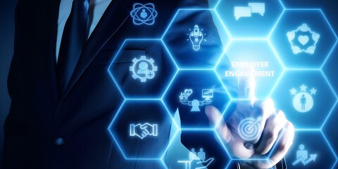 Businessman touching digital employee engagement interface with futuristic icons