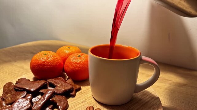 Mull wine pours into a ceramic mug on a wooden table beside mandarins, cinnamon sticks, and gingerbread cookies&mdash;cozy winter refreshment closeup.