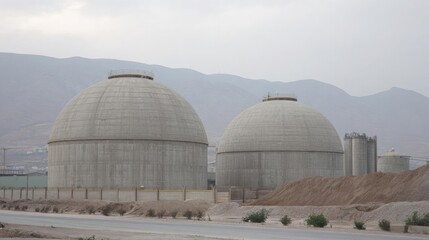 Obraz premium Two large concrete domes, which appear to be cooling towers or storage tanks, located in a desert-like area with mountains in the background.
