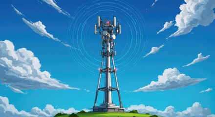 A tall metal cell tower with various antennas stands on a green hill under a bright blue sky with white clouds and wireless signal waves emanating from it