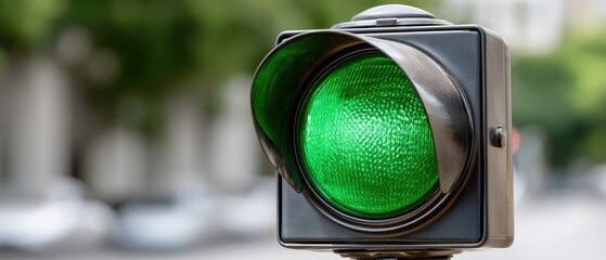 Close-up view of a green traffic light at an intersection indicating that vehicles can go during daytime hours in a busy urban area
