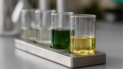 Set of four test tubes on a metal tray. the test tubes are arranged in a row and are of different sizes and shapes.
