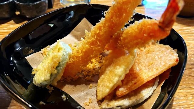 Prawn Camaron With Fried Veggies Served In A Plate. Close-up Shot