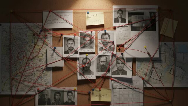 Detective's corkboard revealing a complex criminal investigation with maps, suspect photographs, and evidence connected by red string, showing the meticulous process of solving a case