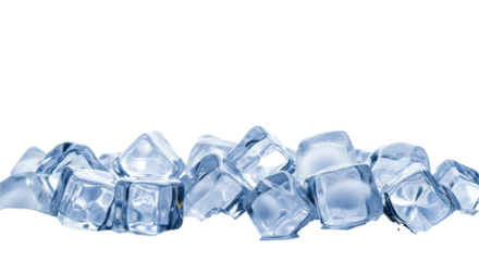 Dynamically arranged pile of clear, irregularly shaped ice cubes, glistening under soft studio light against a minimalist background with negative space, ultimate refreshment and purity concept