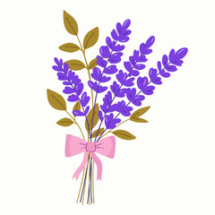 Lavender bouquet with green leaves and pink ribbon. For wedding invites, greeting cards, labels, spa branding, stickers, decor.