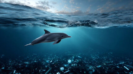 Fototapeta premium Plastic pollution in the ocean is an environmental problem. Plastic garbage in ocean and dolphin. A global problem, a threat to ocean wildlife and calling for urgent action to protect the environment.