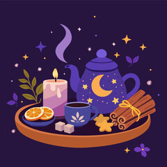 Night tea set with teapot, cup, candle, orange slices, sugar cubes, ginger and cinnamon on tray with stars and moon. Calm evening mood. For posters, menus, stickers.