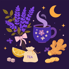 Tea time set with lavender bouquet, steaming mug, ginger, lemon, sugar cubes, tea bag, moon and stars. For posters, menus, stickers, web