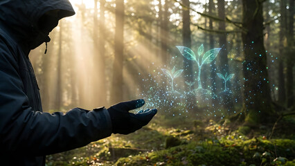 Man in forest nurturing glowing digital plants with hand