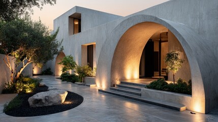 Minimalist exterior architecture featuring smooth cement arches hidden lighting and a zen garden