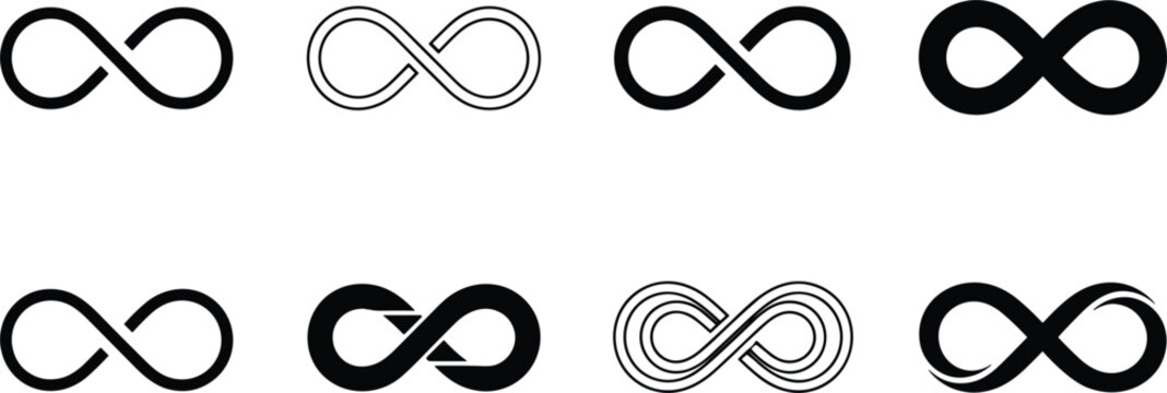 Professional black infinity icon set featuring various loop designs for eternal cycles continuity and limitless mathematical concept representations.