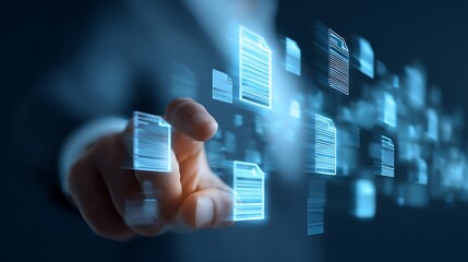 Close-up of a hand interacting with virtual files, digital concepts, and technological interface