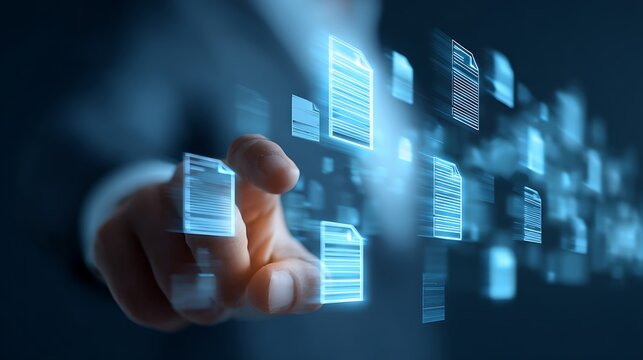 Close-up of a hand interacting with virtual files, digital concepts, and technological interface - Powered by Adobe