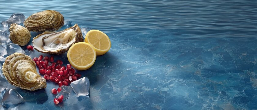 Oysters served on ice with pomegranate sauce and lemon slices arranged on a dark blue background for a restaurant menu