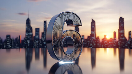 A gleaming number six stands tall against a vibrant sunset cityscape reflecting on a serene surface