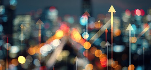 Blurred night cityscape with overlayed upward arrows, representing growth and progress in a business context