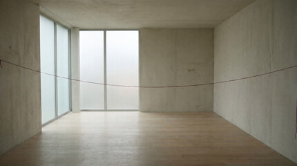 Fototapeta premium Empty modern interior with large windows, Minimal architectural space, Clean concrete walls and wooden floor, Natural daylight, Contemporary design background, Copy space