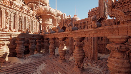 Historic structures rise majestically from sand, showcasing stunning carvings and elaborate...