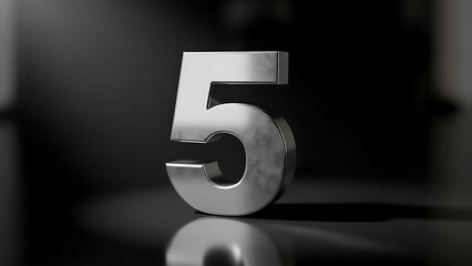 Shiny metallic silver number five standing prominently on a reflective dark surface