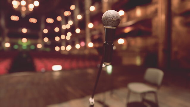 A microphone stands alone on stage, ready for a captivating performance. Soft lights twinkle in the background, creating a warm and inviting atmosphere for the audience.