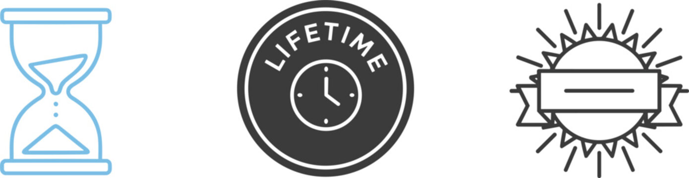 Professional time management icon set featuring a blue line art hourglass lifetime warranty seal and sunburst ribbon badge.