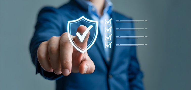 Businessman touching virtual shield with checkmark and checklist on gray background  security and protection concept - Powered by Adobe