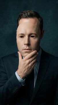 Serious businessman slowly removing a realistic mask to reveal his true face. Concept of identity, deception, and corporate facade. Psychology of imposter syndrome and hiding emotions