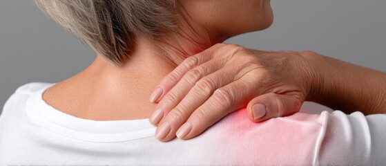 Neck pain experienced by an older woman highlighted with red color on her shoulder while she holds it in discomfort