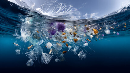 Plastic trash in the ocean. Environmental pollution. sea is covered in plastic and dead sea creatures. global problem, threat ocean wildlife and calling for urgent action to protect the environment.