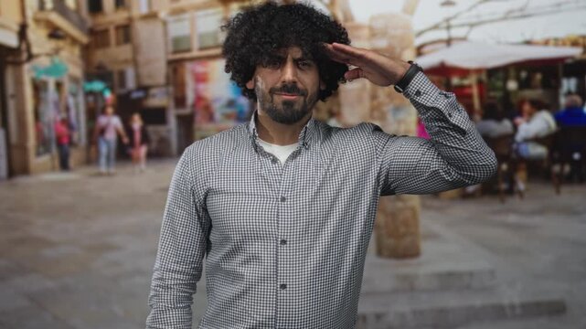 Man with curly hair and beard salutes with hand to forehead in street market; casual greeting friendliness.
