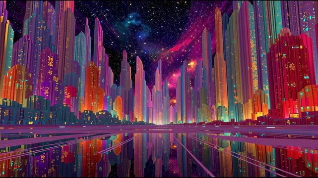 Cinematic Forward Motion Through a Vibrant Cyber-Fantasy Cityscape with Neon Skyscrapers and Galactic Sky