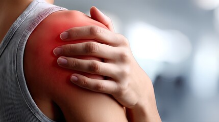 Elderly woman experiences pain in shoulder and neck with visible skin redness in a bright setting