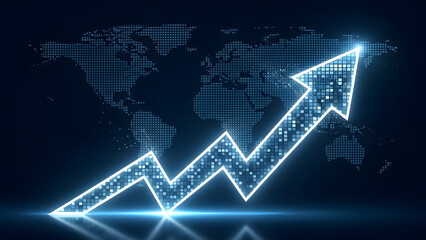 Global business growth concept with rising arrow on world map