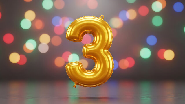 Golden number three foil balloon with festive bokeh lights celebration background - Powered by Adobe
