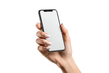A woman's hand holding a modern smartphone with a blank screen on a solid black background