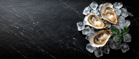 Oysters on ice arranged on a dark surface with space for text and a flat lay view of food presentation for culinary enjoyment