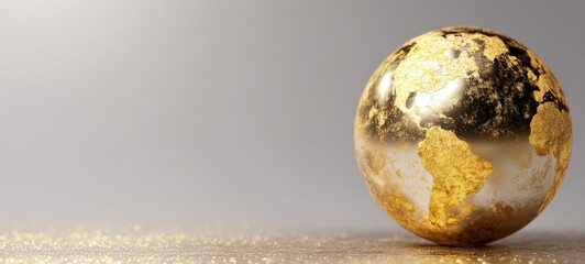 World glowing in golden sparkling light with copy space, realistic stock photography concept of global connection and hope